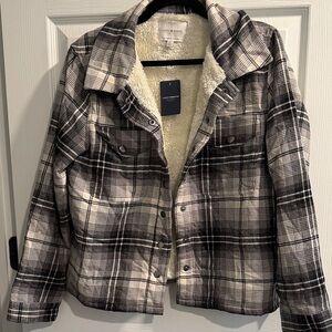 Lucky Brand Women's Cream and Black Plaid Teddy Jacket